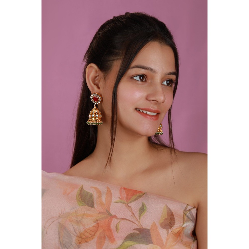 RIANA JEWELLERY Women Pink And Green Jadtar Jhumka With Green Hangings