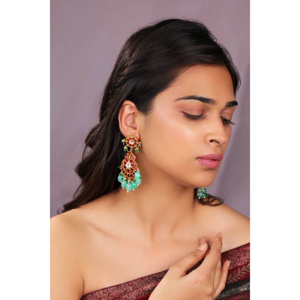 RIANA JEWELLERY Ruby Earrings In Unique Design And Pastel Green Drops