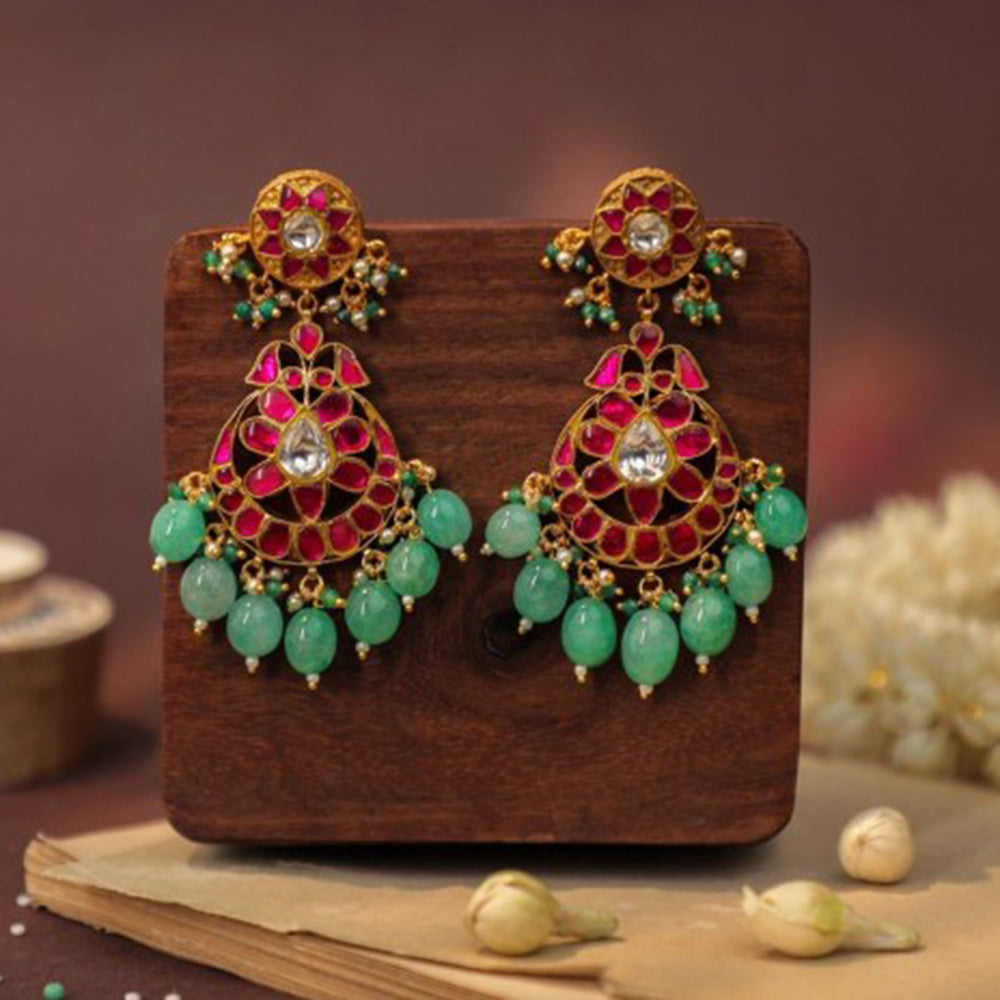 RIANA JEWELLERY Ruby Earrings In Unique Design And Pastel Green Drops