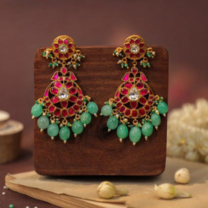 RIANA JEWELLERY Ruby Earrings In Unique Design And Pastel Green Drops