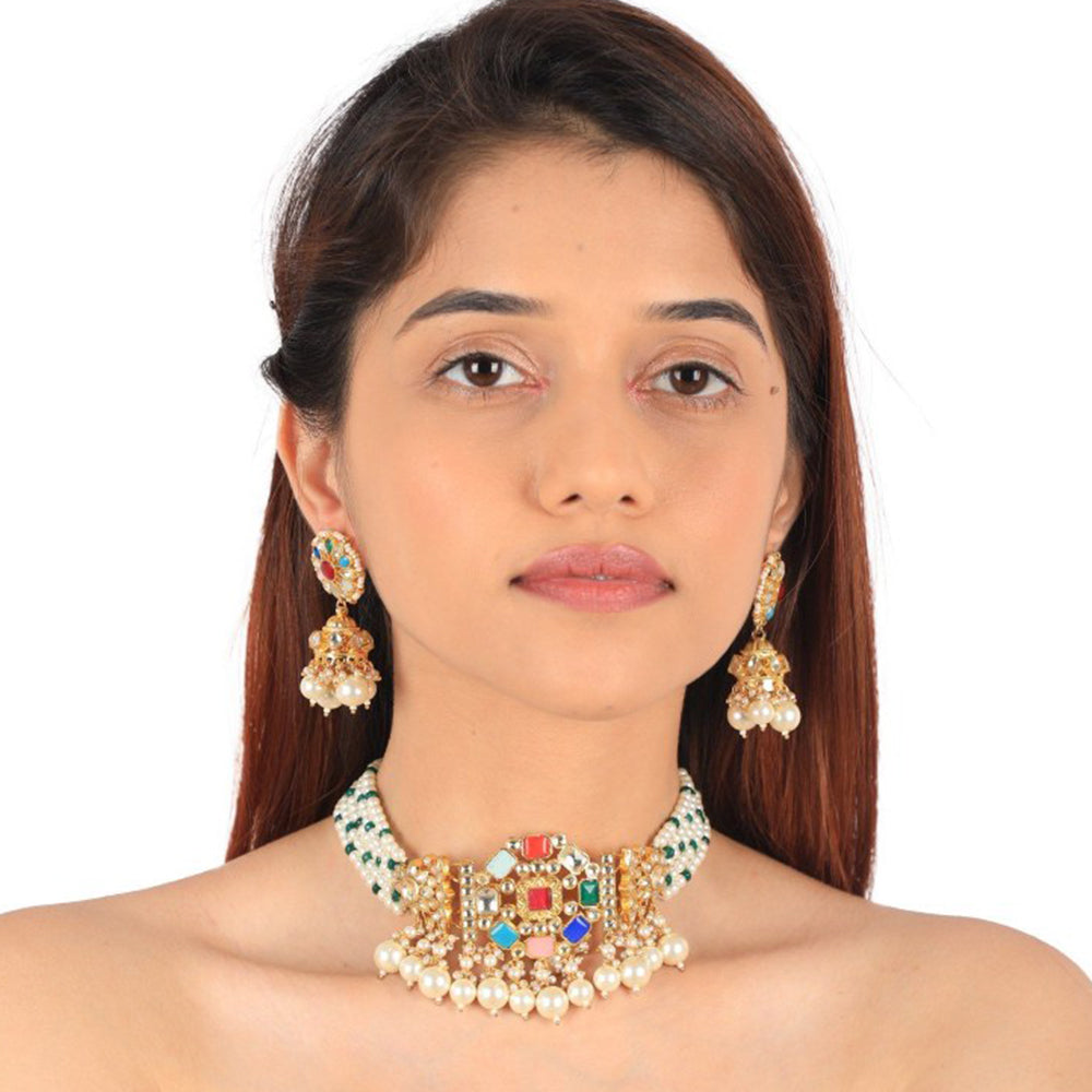 RIANA JEWELLERY Navratna Choker With Jhumki