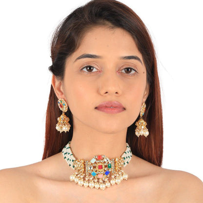 RIANA JEWELLERY Navratna Choker With Jhumki