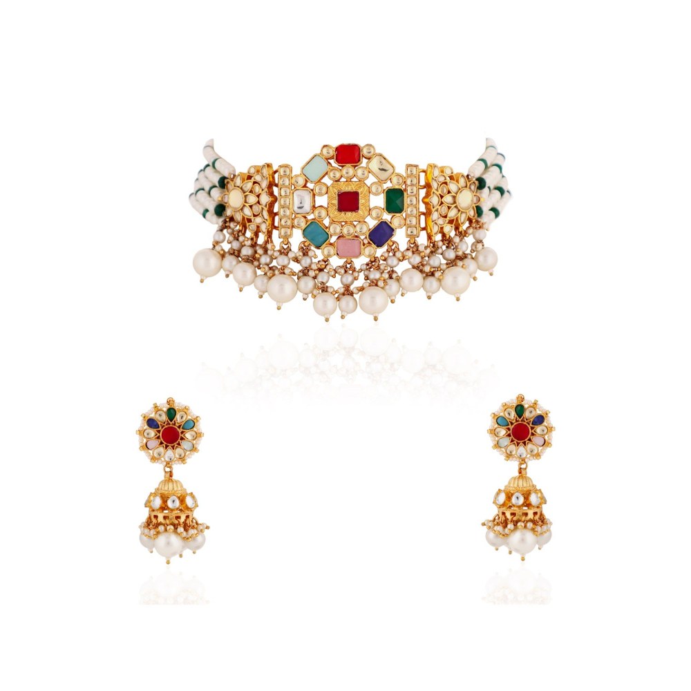 RIANA JEWELLERY Navratna Choker With Jhumki