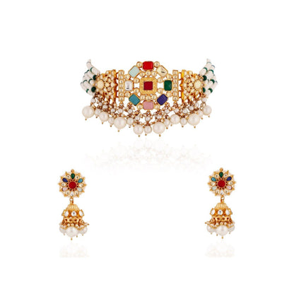 RIANA JEWELLERY Navratna Choker With Jhumki