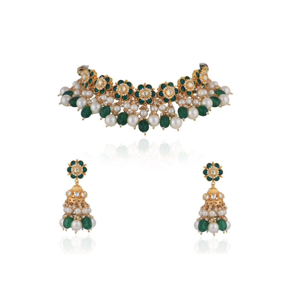 RIANA JEWELLERY Floral Design Choker With Jhumka