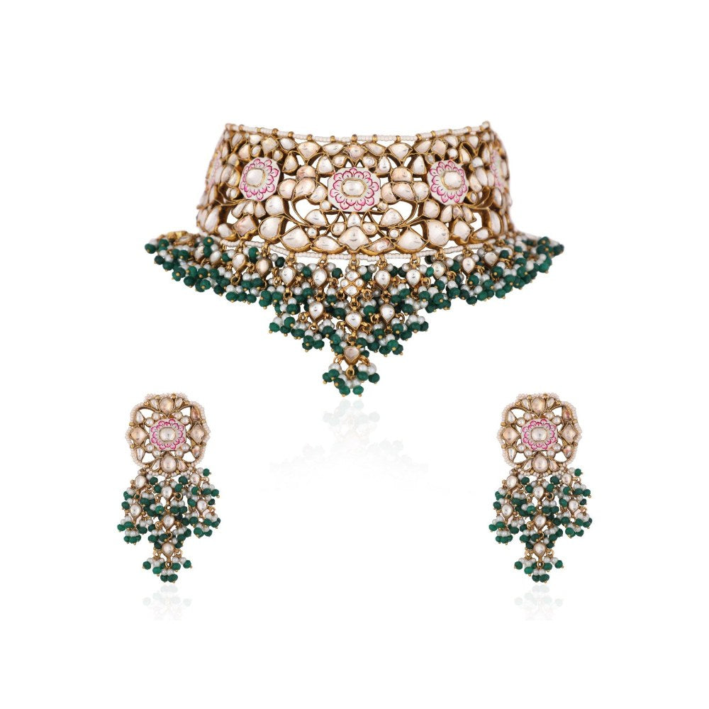 RIANA JEWELLERY Pink Minakari Necklace With Green Hangings Wedding Wear Necklace Set