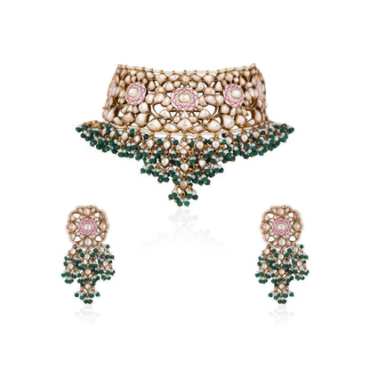 RIANA JEWELLERY Pink Minakari Necklace With Green Hangings Wedding Wear Necklace Set