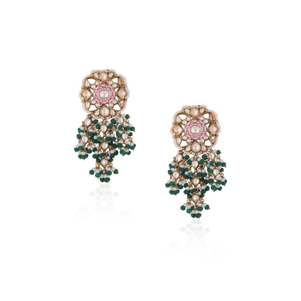 RIANA JEWELLERY Pink Minakari Necklace With Green Hangings Wedding Wear Necklace Set