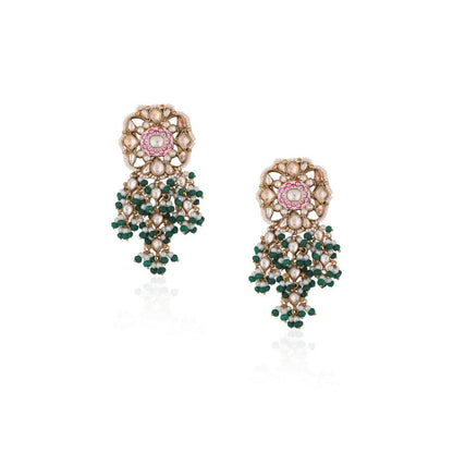 RIANA JEWELLERY Pink Minakari Necklace With Green Hangings Wedding Wear Necklace Set