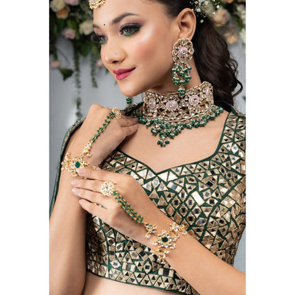 RIANA JEWELLERY Pink Minakari Necklace With Green Hangings Wedding Wear Necklace Set