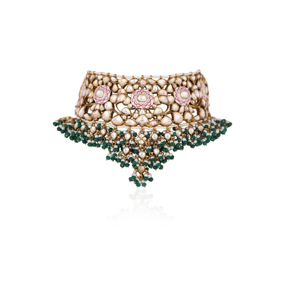 RIANA JEWELLERY Pink Minakari Necklace With Green Hangings Wedding Wear Necklace Set