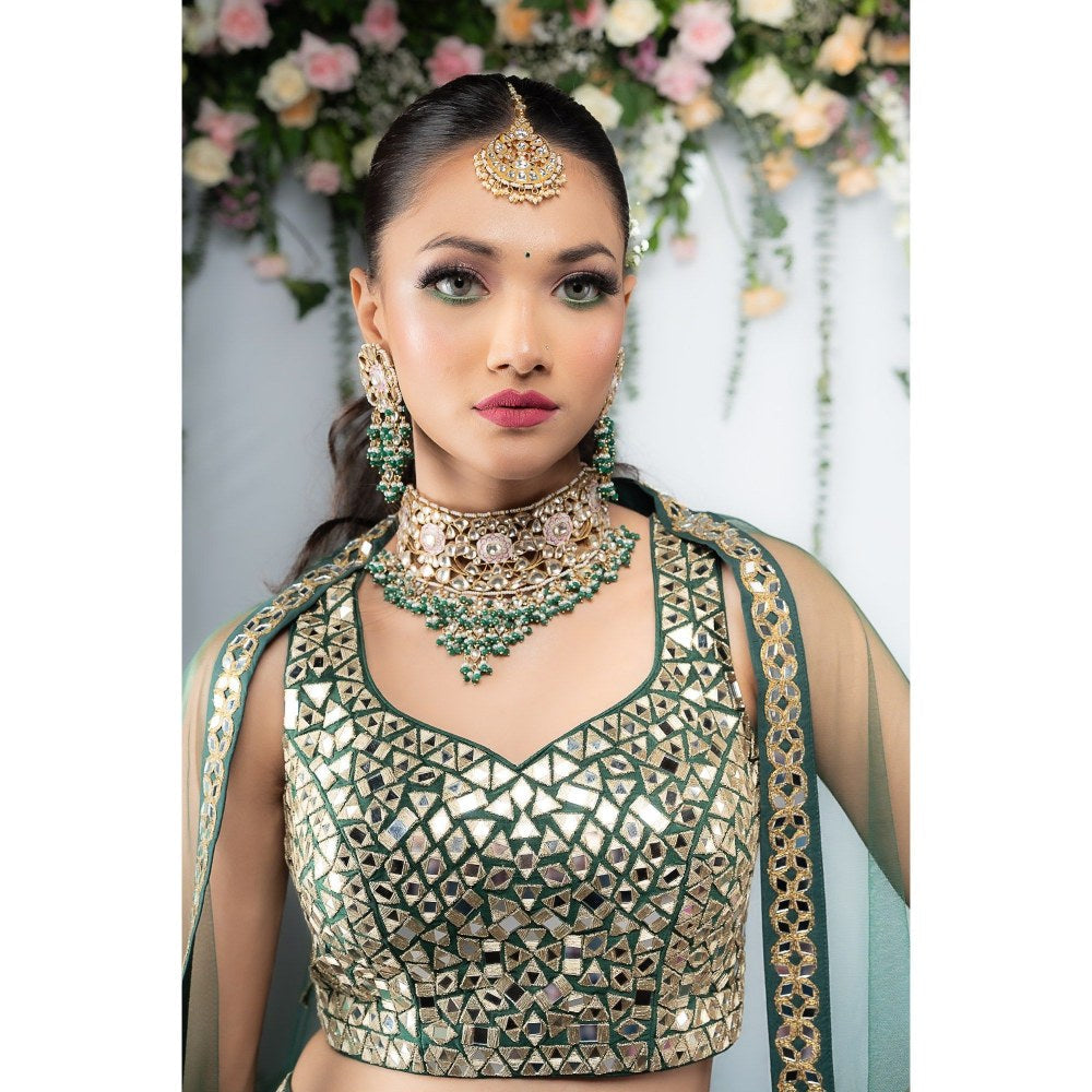 RIANA JEWELLERY Pink Minakari Necklace With Green Hangings Wedding Wear Necklace Set