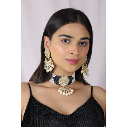 RIANA JEWELLERY Blue Premium Quality Gold Plated Kundan Necklace/Fusion-Indo Western Wear Choker Set