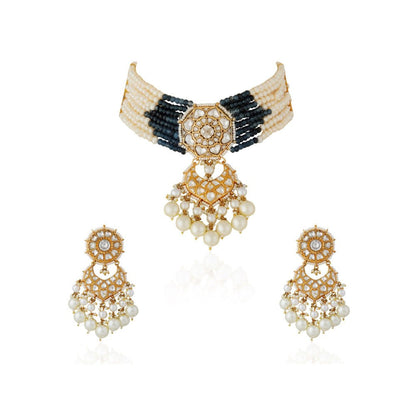RIANA JEWELLERY Blue Premium Quality Gold Plated Kundan Necklace/Fusion-Indo Western Wear Choker Set
