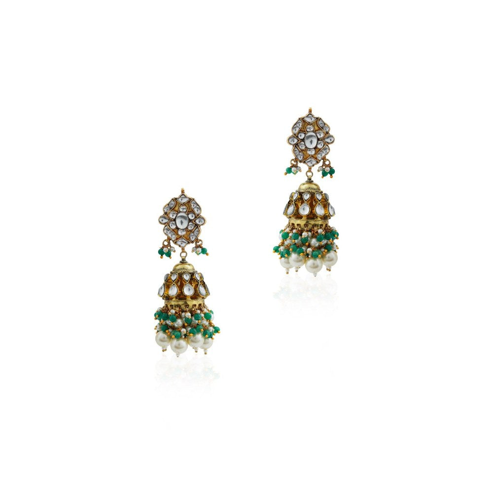 RIANA JEWELLERY Gold Finish Elegant Jadau Green Choker With Jhumki's