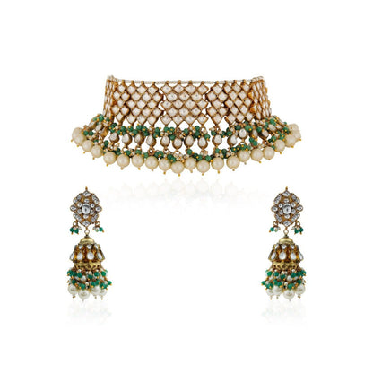 RIANA JEWELLERY Gold Finish Elegant Jadau Green Choker With Jhumki's