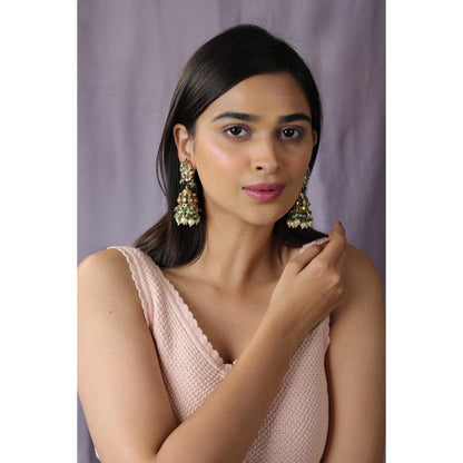 RIANA JEWELLERY Gold Finish Elegant Jadau Green Choker With Jhumki's