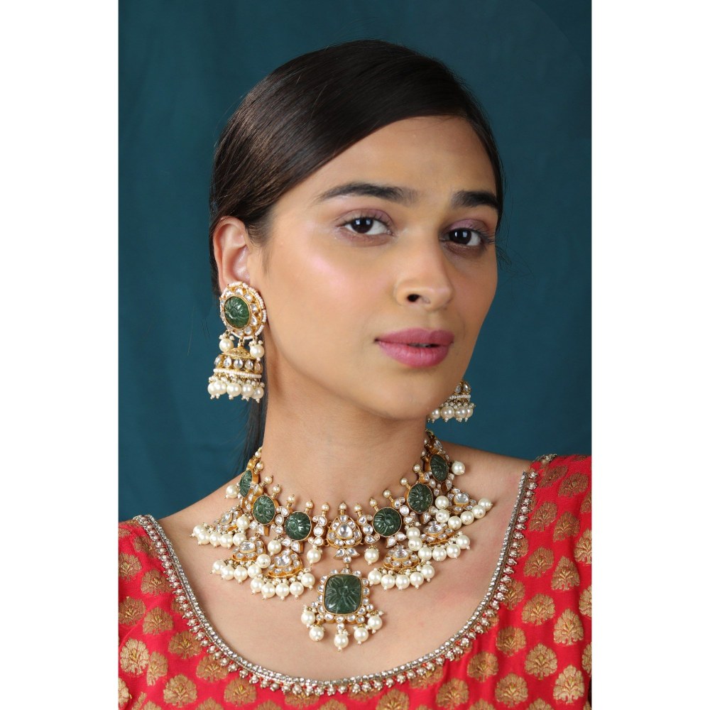 RIANA JEWELLERY Indian Handcrafted Green Necklace Set With Monazite And Carved Stones