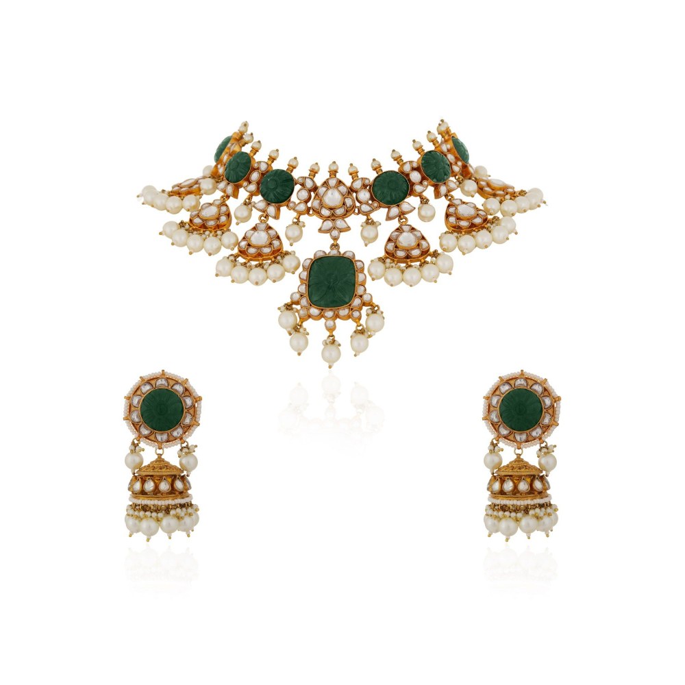 RIANA JEWELLERY Indian Handcrafted Green Necklace Set With Monazite And Carved Stones