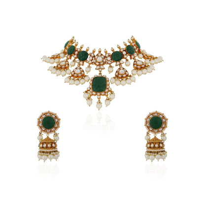 RIANA JEWELLERY Indian Handcrafted Green Necklace Set With Monazite And Carved Stones