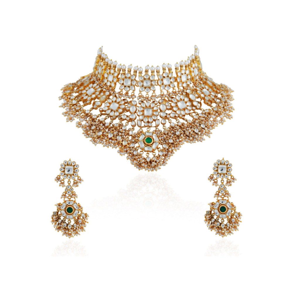 RIANA JEWELLERY Trendy Bridal Necklace Set/22Kt Gold Plated Necklace With White Hangings