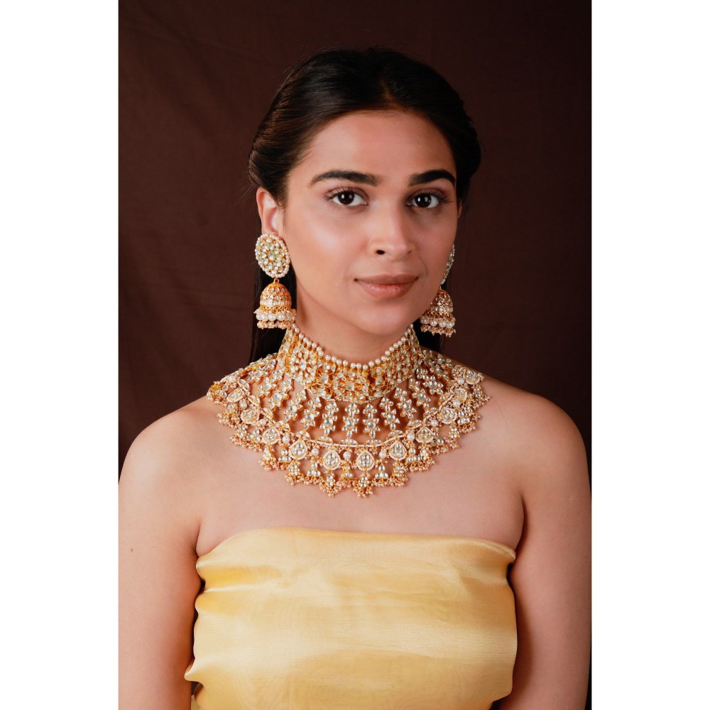 RIANA JEWELLERY Gold Plated White Bridal Necklace With Jhumki/Traditional Wear Jadau Necklace Set