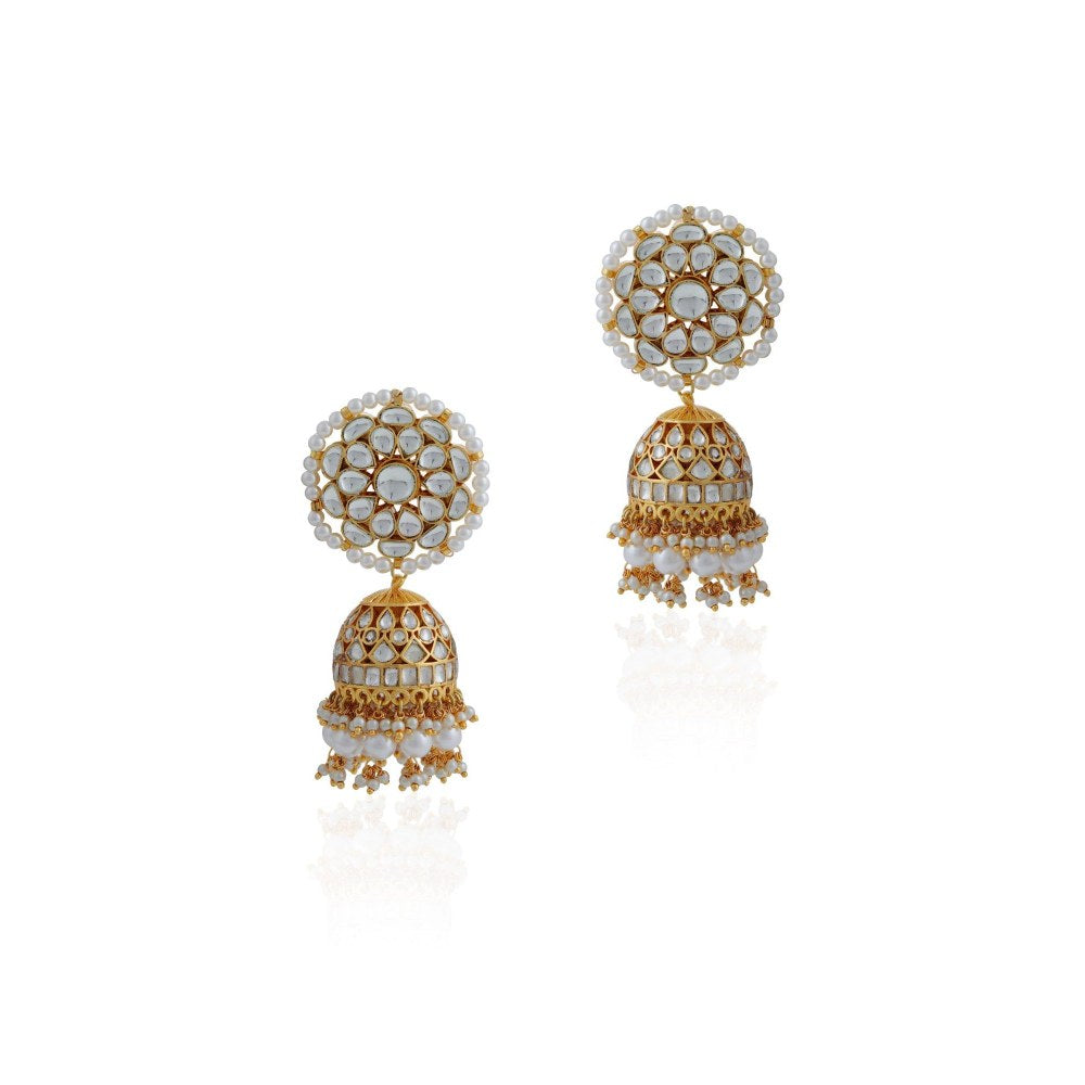 RIANA JEWELLERY Gold Plated White Bridal Necklace With Jhumki/Traditional Wear Jadau Necklace Set