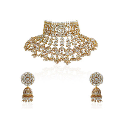 RIANA JEWELLERY Gold Plated White Bridal Necklace With Jhumki/Traditional Wear Jadau Necklace Set