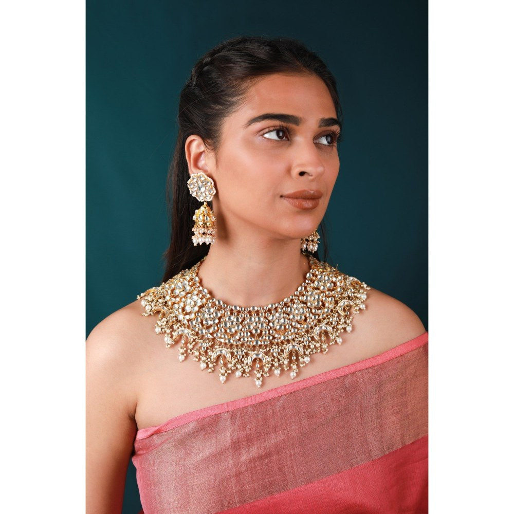 RIANA JEWELLERY Gold Finish Royal Necklace Set With Pearl Drops And Jhumki Earrings