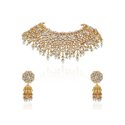 RIANA JEWELLERY Gold Finish Royal Necklace Set With Pearl Drops And Jhumki Earrings