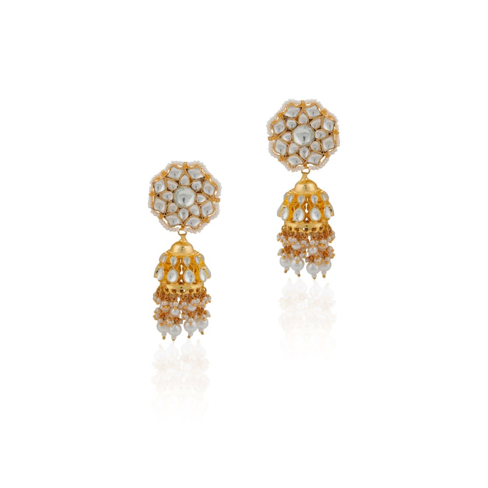RIANA JEWELLERY Gold Finish Royal Necklace Set With Pearl Drops And Jhumki Earrings