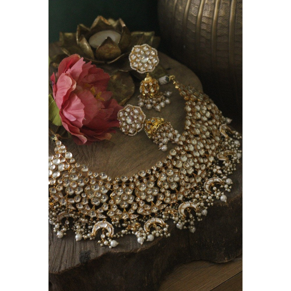 RIANA JEWELLERY Gold Finish Royal Necklace Set With Pearl Drops And Jhumki Earrings