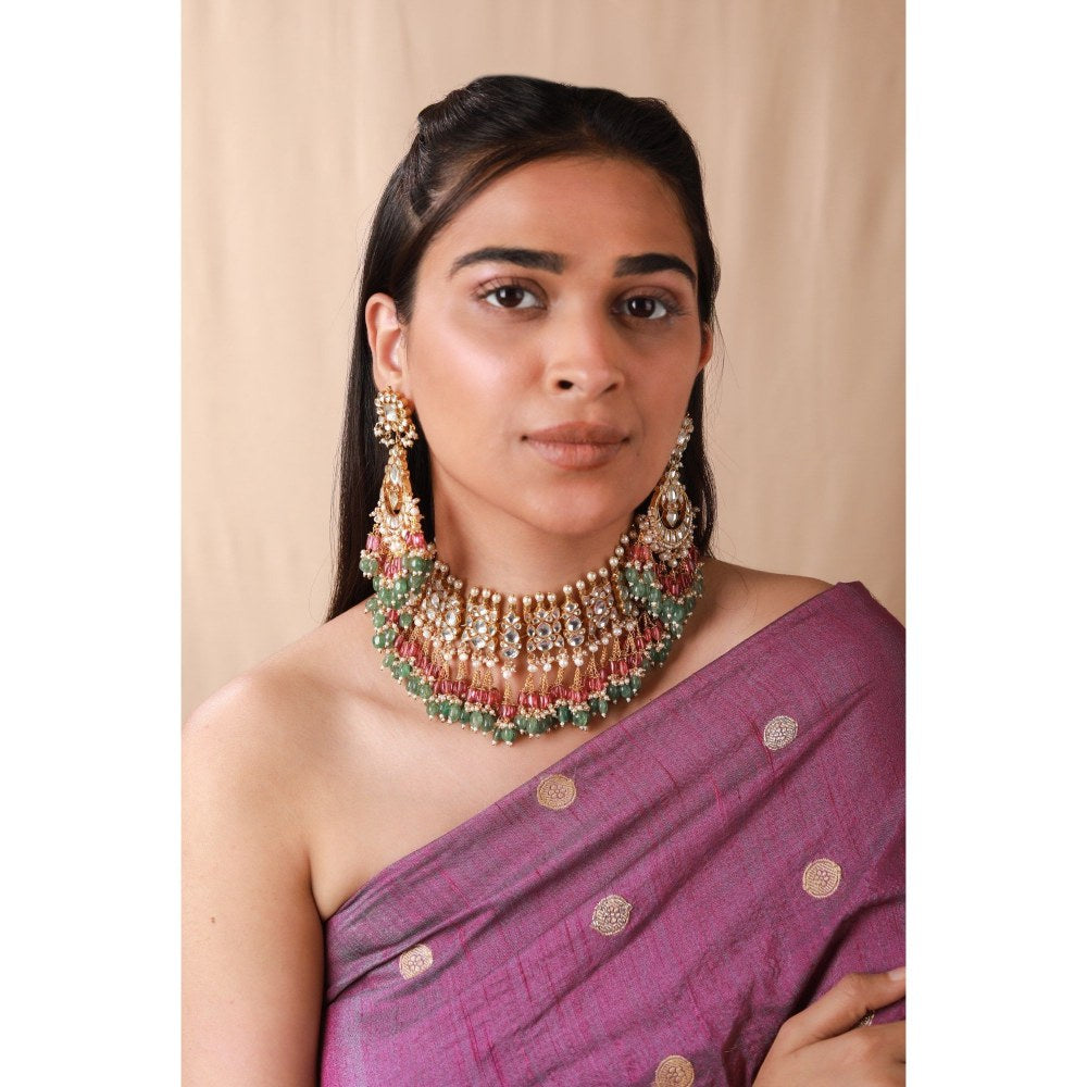 RIANA JEWELLERY Women Gold Plated Multicoloured Necklace Set With Delicate Chand Bali Earrings
