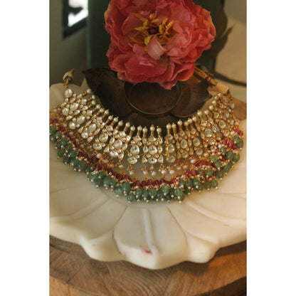 RIANA JEWELLERY Women Gold Plated Multicoloured Necklace Set With Delicate Chand Bali Earrings