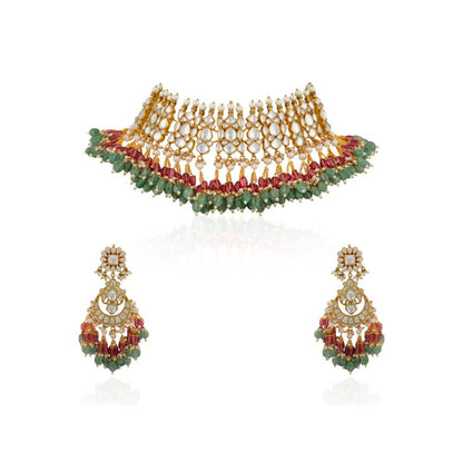 RIANA JEWELLERY Women Gold Plated Multicoloured Necklace Set With Delicate Chand Bali Earrings