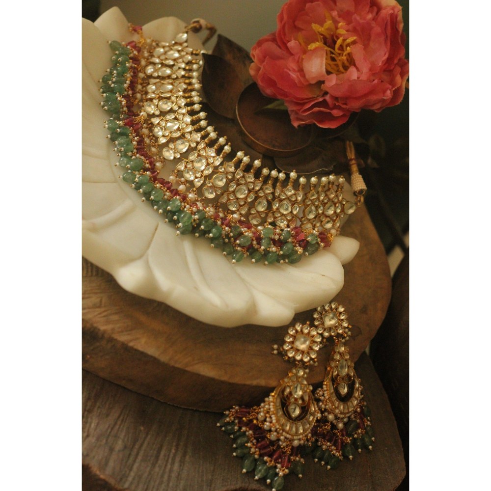 RIANA JEWELLERY Women Gold Plated Multicoloured Necklace Set With Delicate Chand Bali Earrings