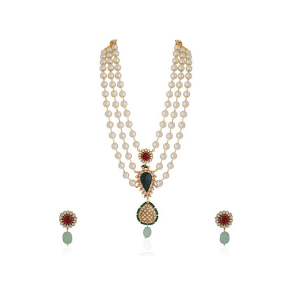 RIANA JEWELLERY Royal Pearl Emerald Green Motive Necklace Set