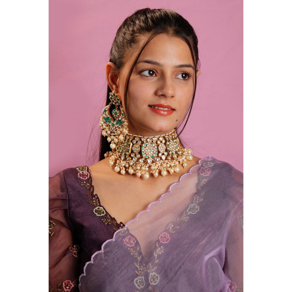 RIANA JEWELLERY Indian Wedding Wear Green White Necklace Set With Pearl