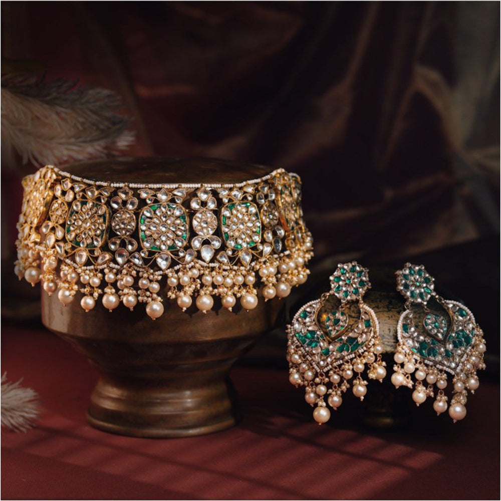 RIANA JEWELLERY Indian Wedding Wear Green White Necklace Set With Pearl