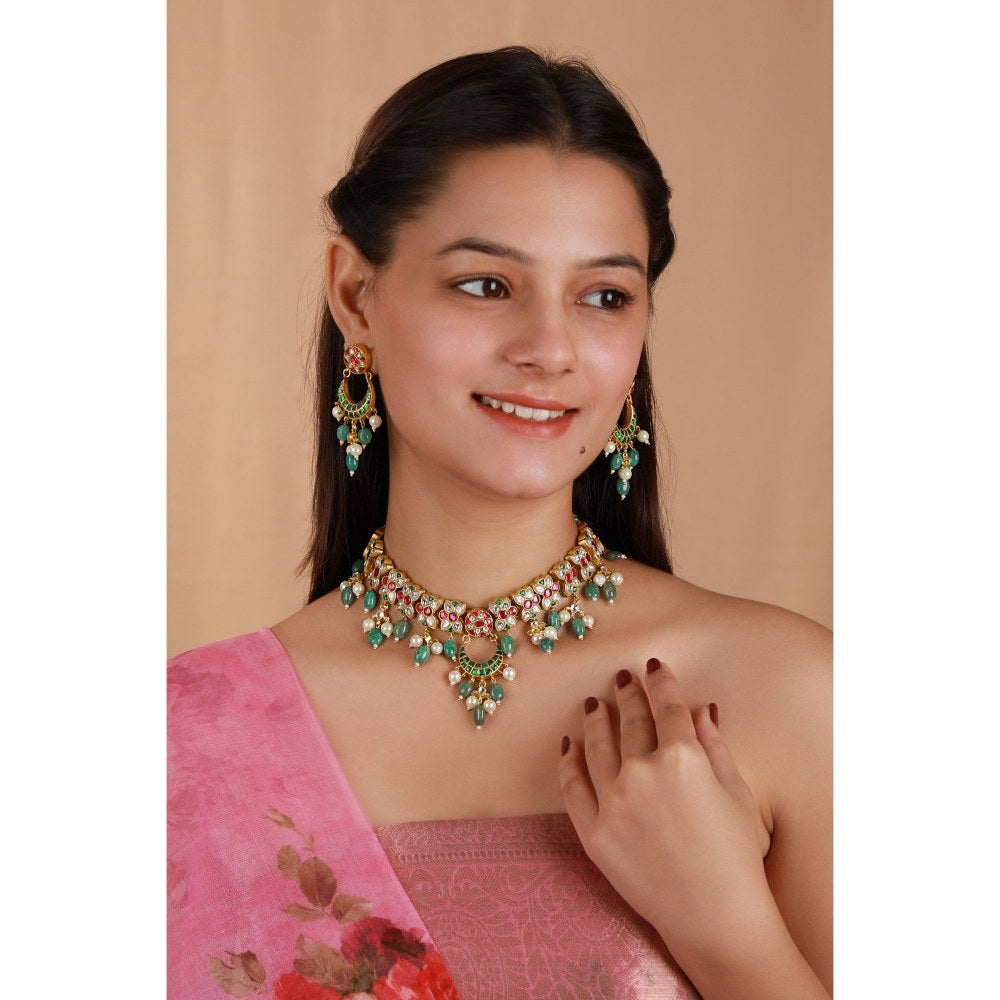 RIANA JEWELLERY Elegant Yet Simple Pink And Green Choker Set