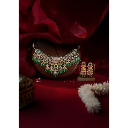 RIANA JEWELLERY White Jadtar Stone Bridal Necklace Set With Emerald Drops
