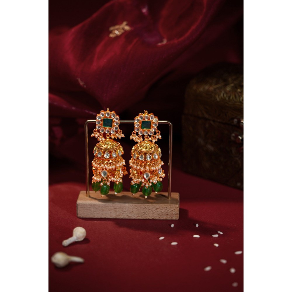 RIANA JEWELLERY White Jadtar Stone Bridal Necklace Set With Emerald Drops