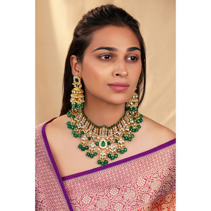 RIANA JEWELLERY White Jadtar Stone Bridal Necklace Set With Emerald Drops