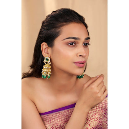 RIANA JEWELLERY White Jadtar Stone Bridal Necklace Set With Emerald Drops