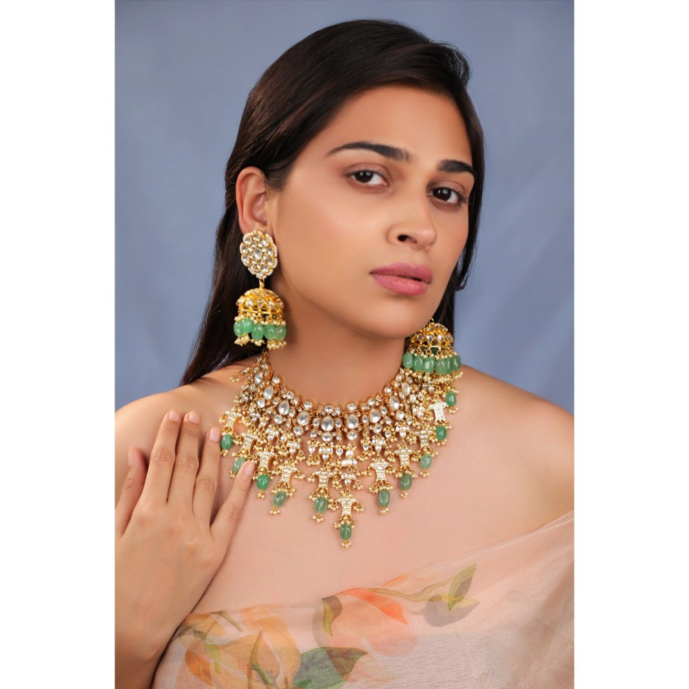 RIANA JEWELLERY Jade Green Bridal Necklace With Jhumki Earrings