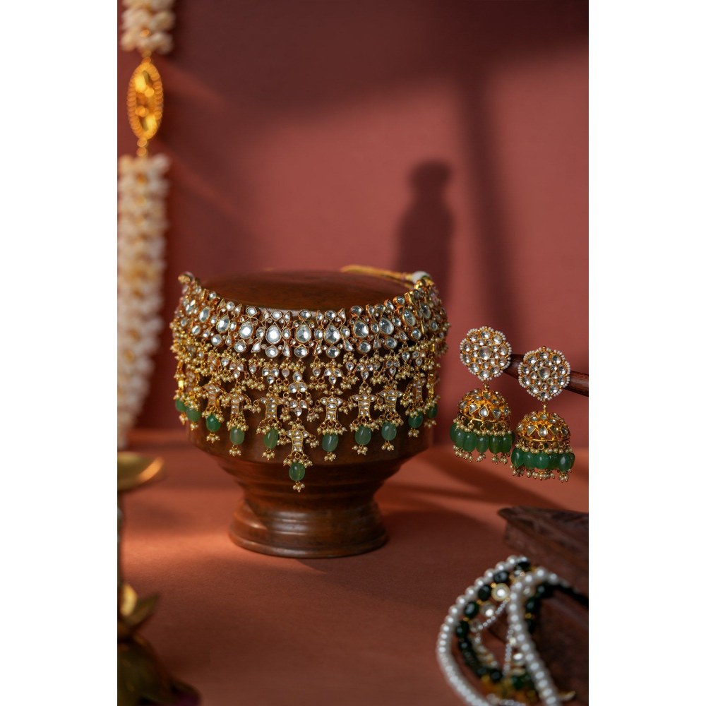 RIANA JEWELLERY Jade Green Bridal Necklace With Jhumki Earrings