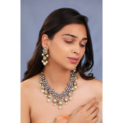 RIANA JEWELLERY Royal Mina Work Necklace Set Blue with Pearls