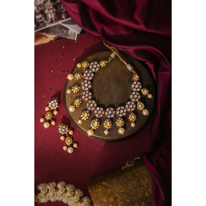 RIANA JEWELLERY Royal Mina Work Necklace Set Blue with Pearls