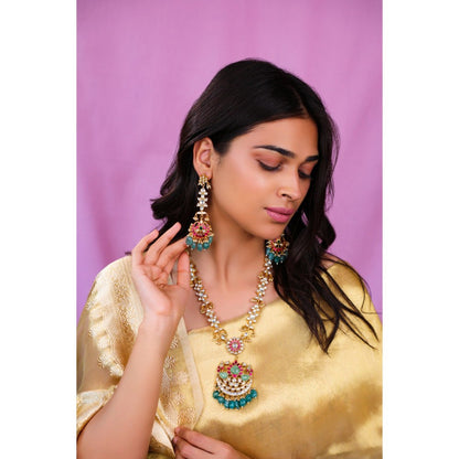 RIANA JEWELLERY Jadau Long Pendant Necklace With Ruby Stones And Sea Green Pastel Beads