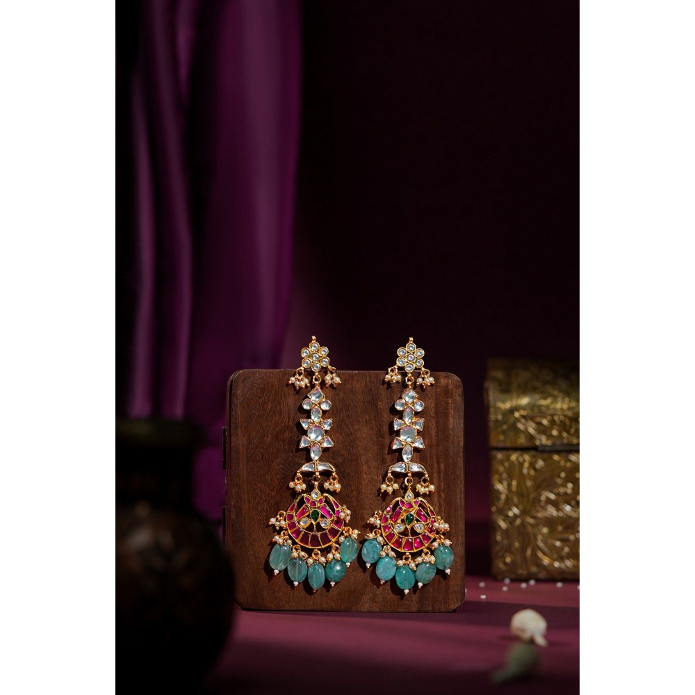 RIANA JEWELLERY Jadau Long Pendant Necklace With Ruby Stones And Sea Green Pastel Beads